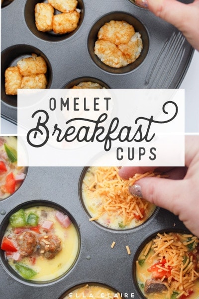 These easy, make-ahead omelet and potato (tater tot) cups are a perfect protein filled breakfast on the go. Can freeze and reheat for quick breakfast on school mornings. #egg #sausage #tatertots #glutenfree #muffintins #breakfastcups #recipe