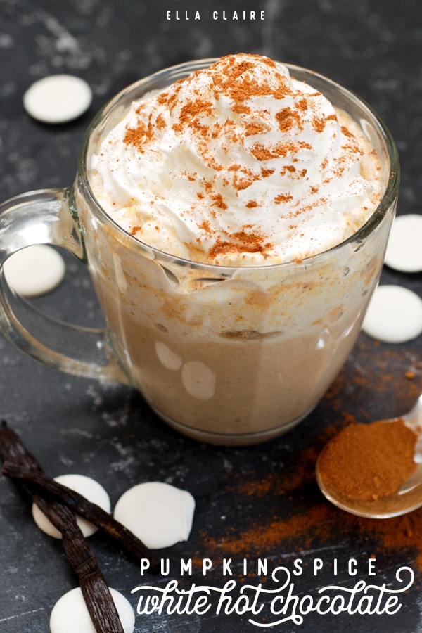 homemade Spiced Pumpkin white hot chocolate recipe- a delicious warm fall drink, perfect for crisp autumn days #fall #easy #spices #fallrecipes #holidays