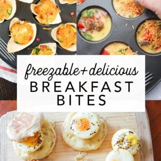 3 freezable breakfast bites to make ahead and freeze for healthy, easy, protein-packed breakfasts on busy back to school mornings. Just pop in the microwave and go! #egg #makeahead #sausage #muffintins #breakfast #backtoschool #freezer #freezerbreakfast #freezer