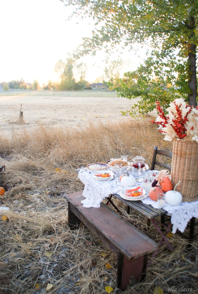 Lovely Autumn tablescape with pumpkins, gourds, berries, persimmons, candlelight, and plenty of rustic vintage charm! 