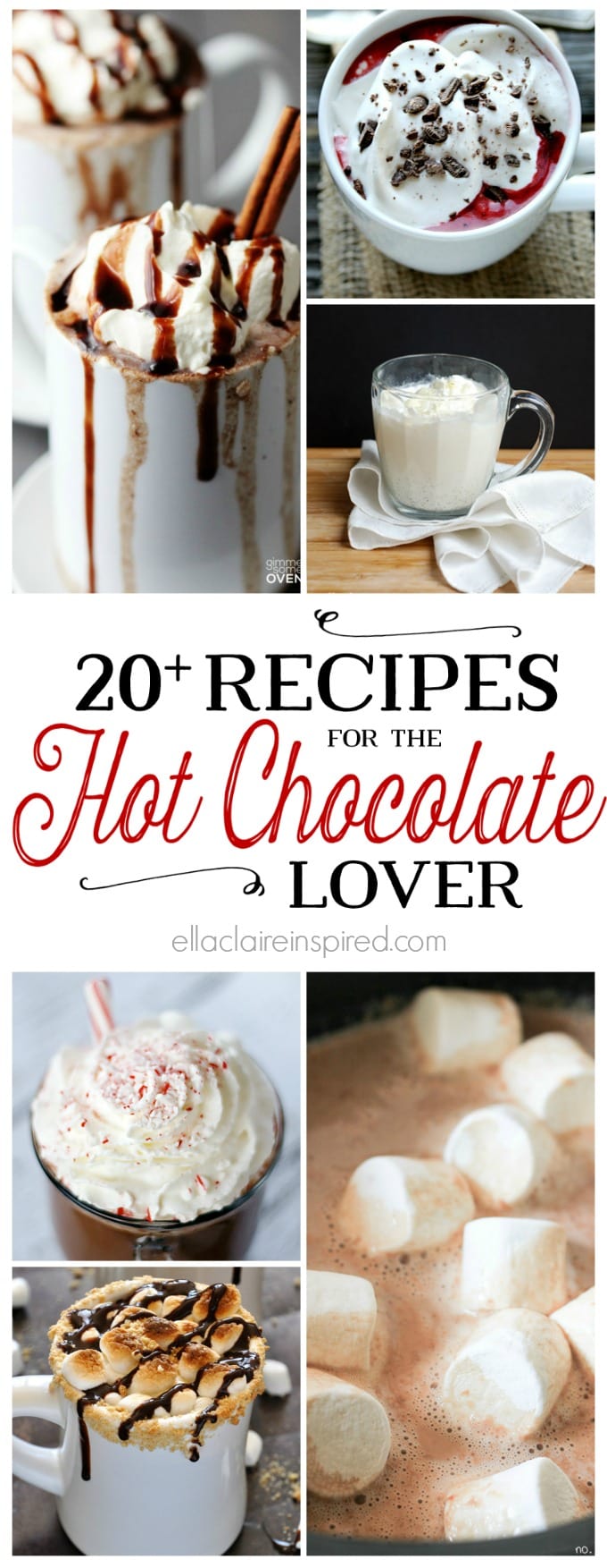 Nothing satisfies that winter sweet tooth like a warm cup of hot chocolate. These 20 decadent recipes will keep you cozy all winter long. Find them here at ellaclaireinspired.com