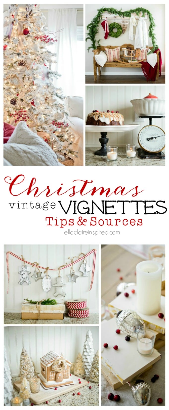 Tips and sources to create these gorgeous vintage Christmas vignettes. Find all of the info here at ellaclaireinspired.com