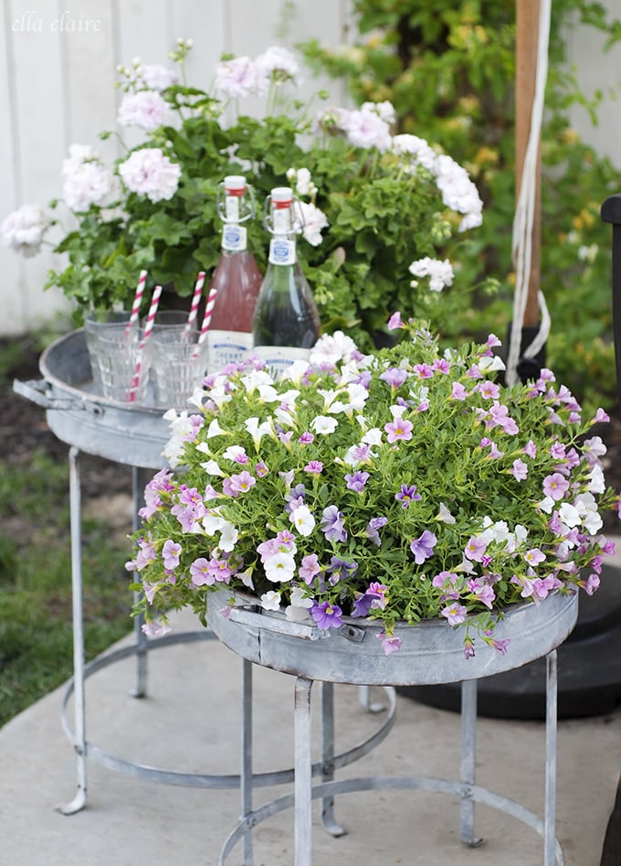 Gorgeous vintage inspired galvanized tray stands with gorgeous hanging baskets