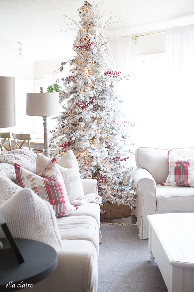 Farmhouse Christmas Family Room | Red and White with Mercury Glass 