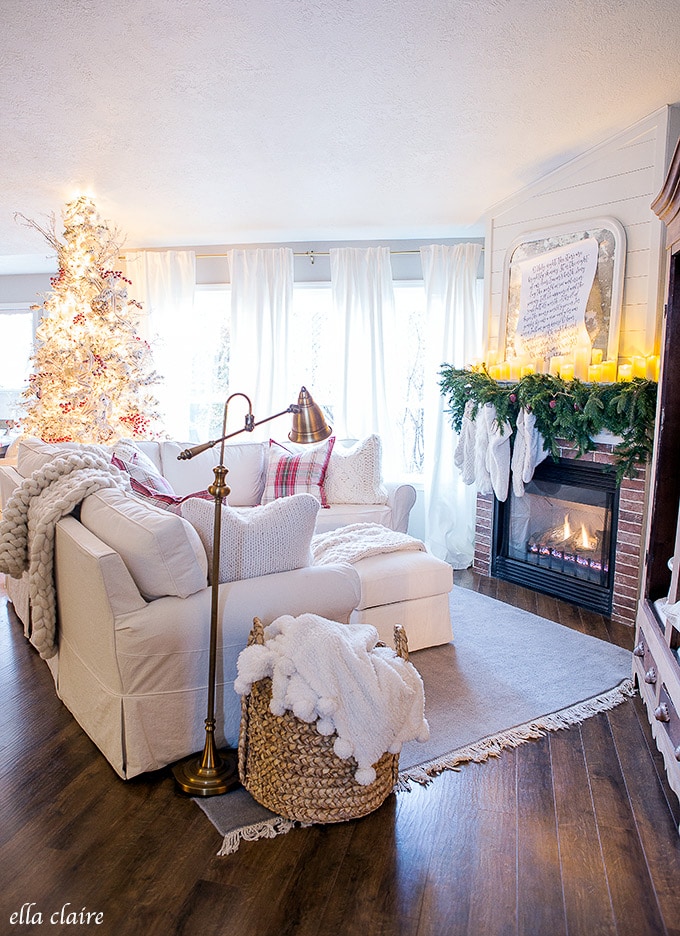 A cozy and inviting Christmas Family room- red, cream, plaid with vintage and traditional touches. 