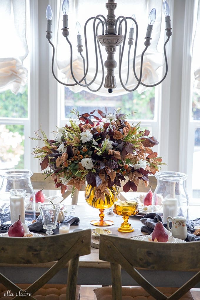 DIY Fall centerpiece using vintage amber glass, leaves and flowers found in the backyard- An autumn tablescape