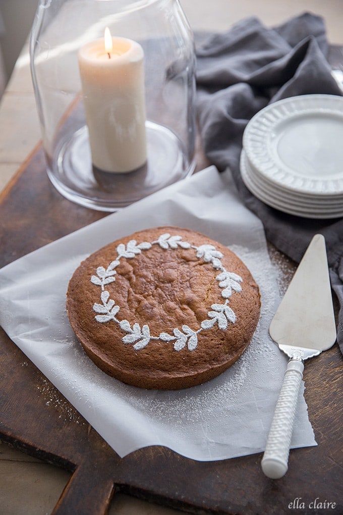 This stencil makes an easy and beautiful cake with beautiful powdered sugar leaf wreath. A perfect Fall dessert.