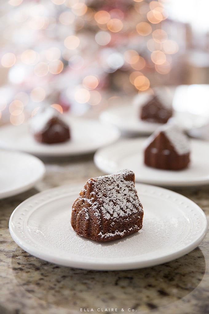 HomemadHomemade Gingerbread Cake with the best spice flavors dusted with powdered sugar, made in these adorable house molds are perfect for the Christmas season.e Gingerbread Cake dusted with powdered sugar, made in these adorable house molds are perfect for the Christmas season.