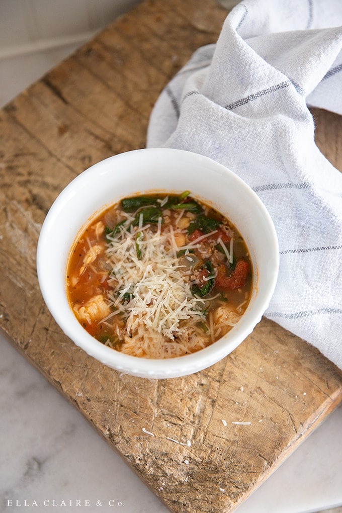 This hearty Italian Peasant soup is my husband's favorite and is loaded with filling ingredients like chicken, sausage, beans, vegetables and even a little bit of potatoes for good measure! Our family loves this recipe in the fall and all winter long! 