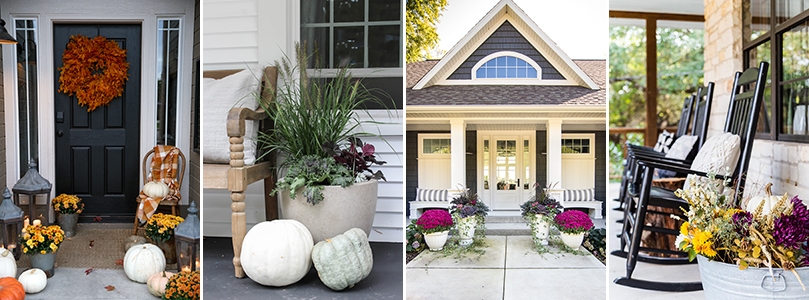 Fall planters in front of a lake home