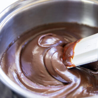 stirring pan of hot fudge chocolate sauce