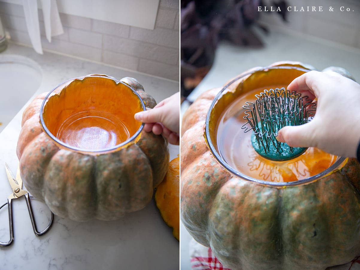 adding a bowl and flower frog to pumpkin for flower arrangement