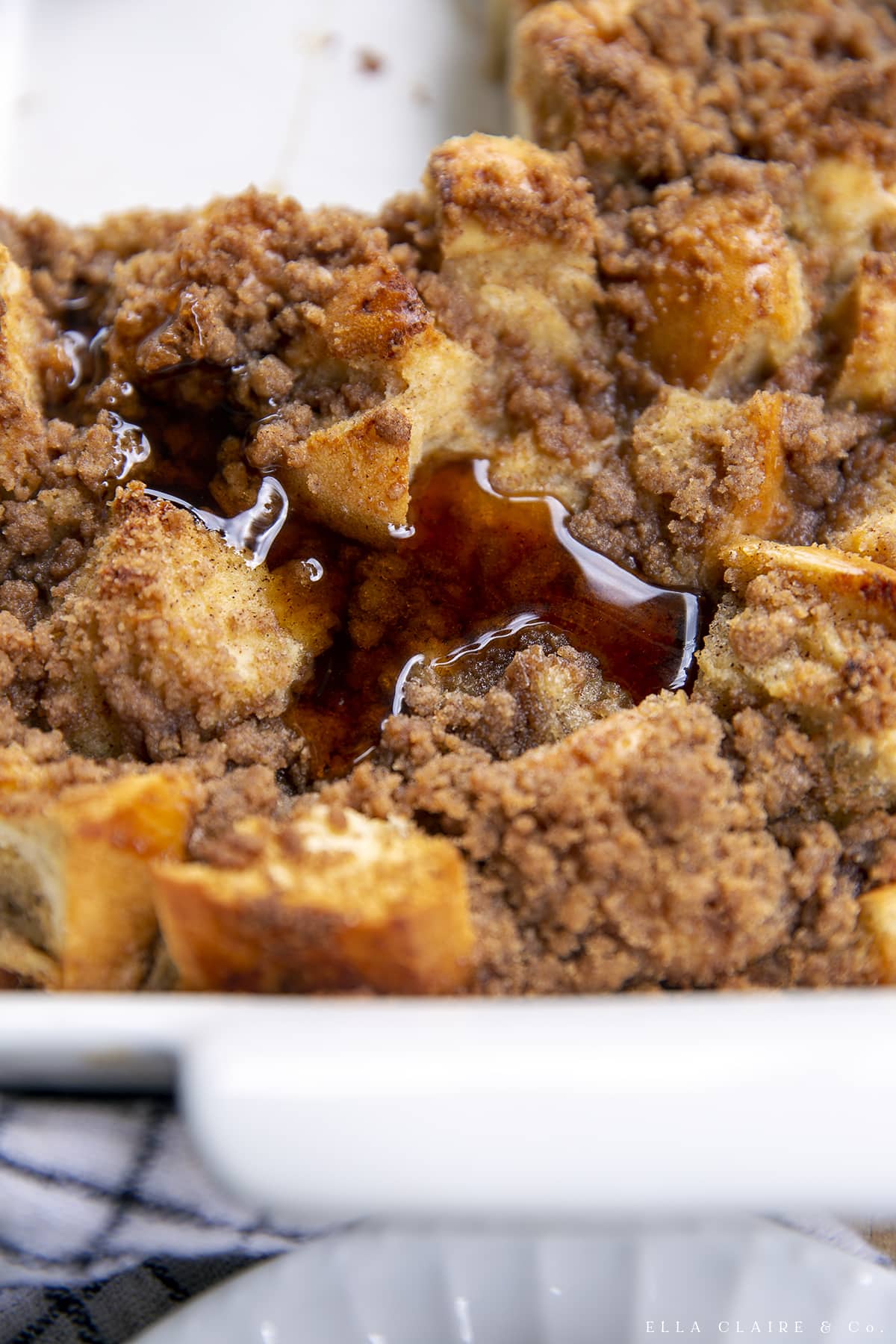 crumble topping detail on top of French toast casserole recipe