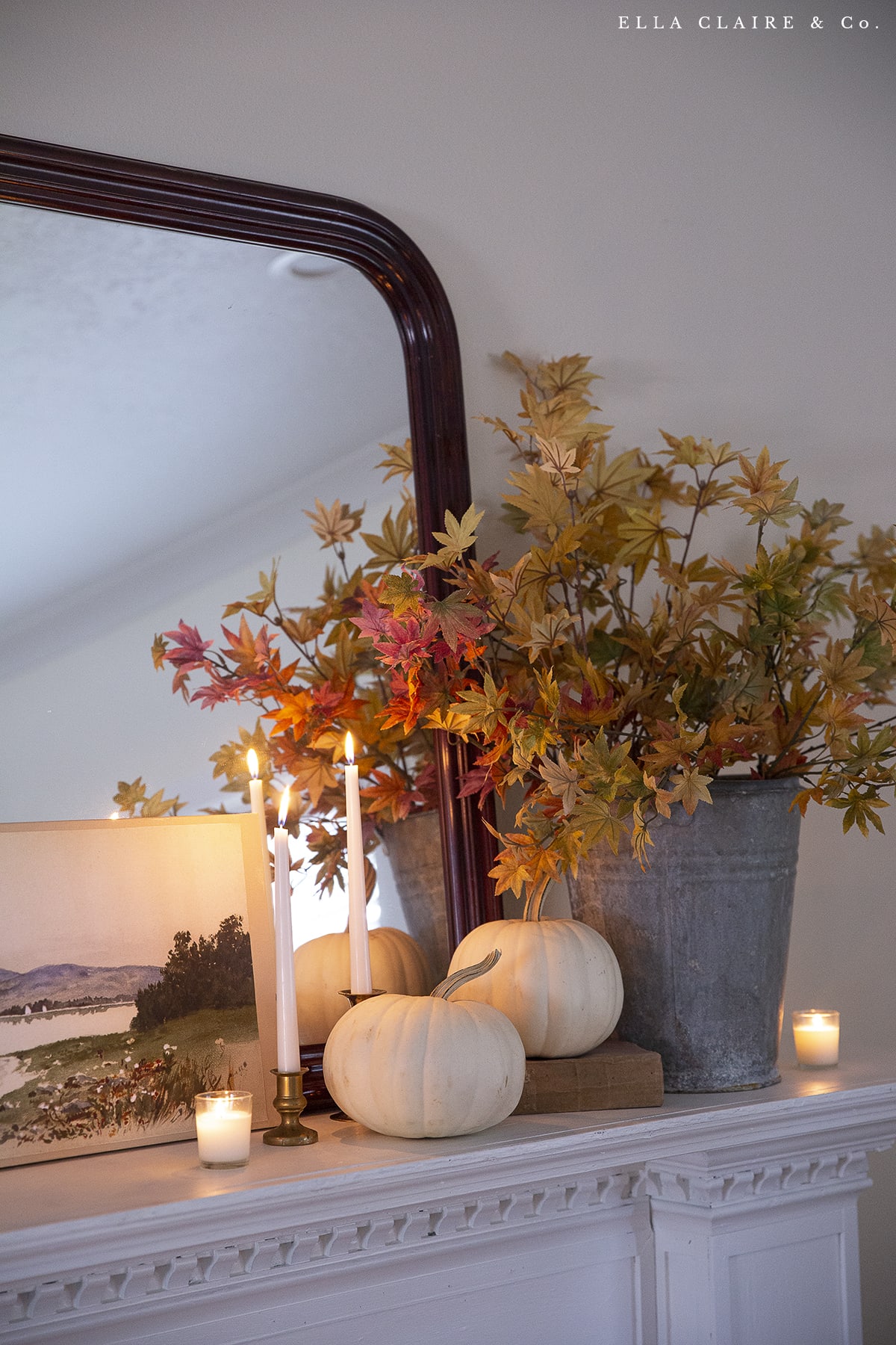 fall leaves and candles mantel 
