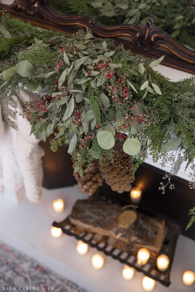 pepper berry eucalyptus and pine Christmas garland with candles