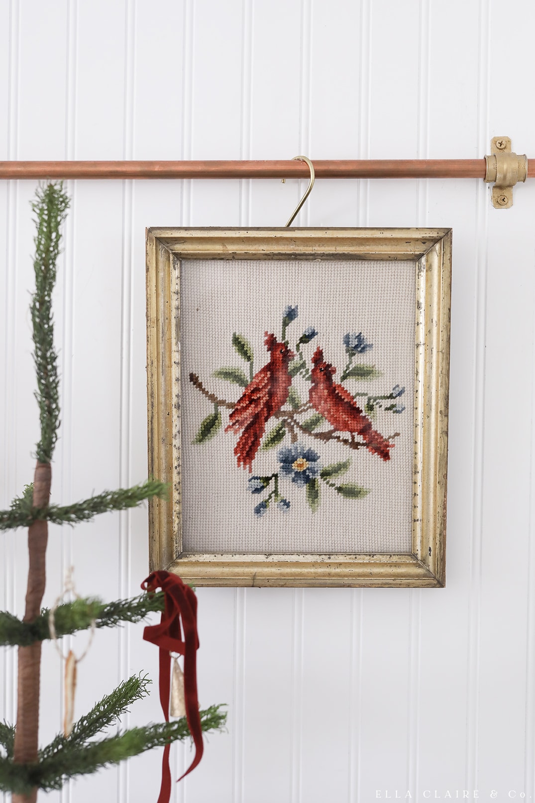 vintage embroidery of 2 Christmas birds