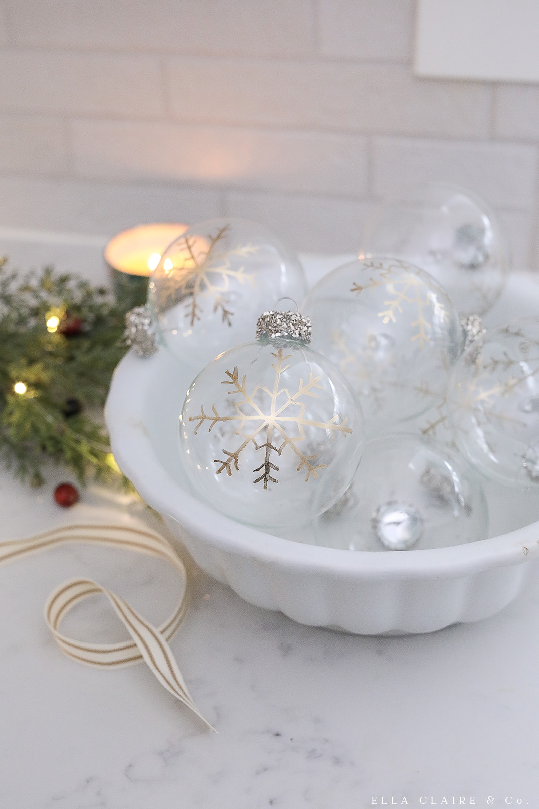 bowl of snowflake ornaments