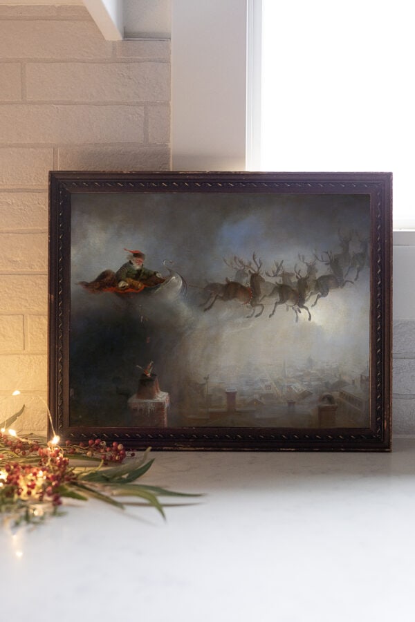 Vintage Santa with reindeer painting